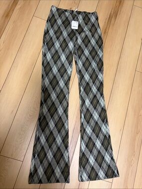 Free People Olive and Gray Plaid Flare Jeans